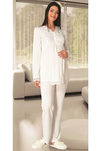 Mecit Pijama Carpediem L.r. 1517 Sabahlıklı Hamile Lohusa Pijama Takımı - Ekru