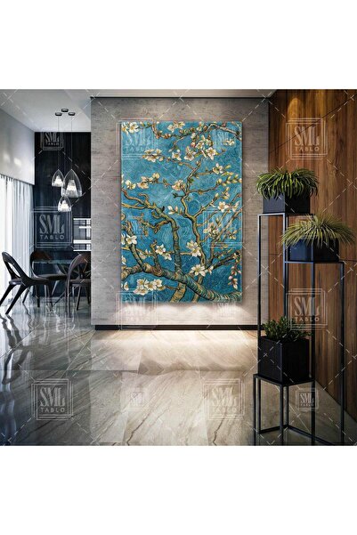 SML TABLO Van Gogh Badem Ağacı Dalları Beyaz Çiçekler Başyapıt Dikey Kanvas T...