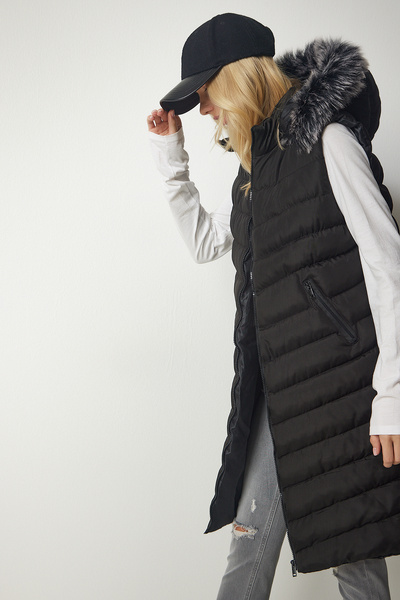 Lovelyİstanbul cu blană cu glugă Lung geacă cu puf vestă NEGRU LHK0006