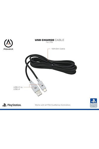 Powera USB Type-C Cable for PlayStation 5 (Black/White, 10 ft)