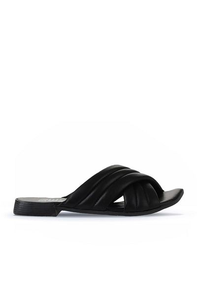 Bueno Shoes Μαύρες δερμάτινες γυναικείες παντόφλες - Flat Design 01wu1803