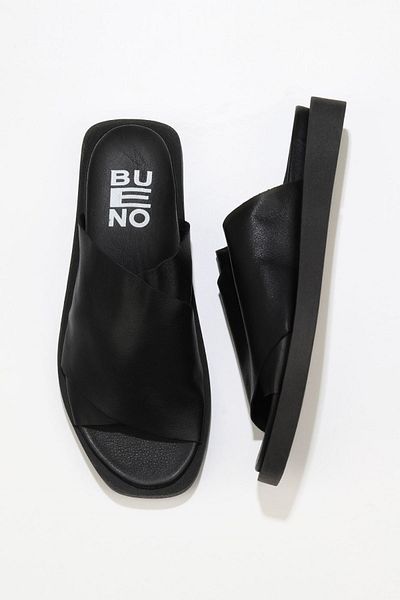 Bueno Shoes Γυναικείες μαύρες δερμάτινες φλατ παντόφλες - 01wq9100
