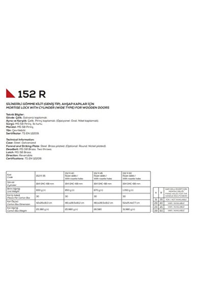 KALE 152 R Dış Kapı Kilidi Sarı 35mm
