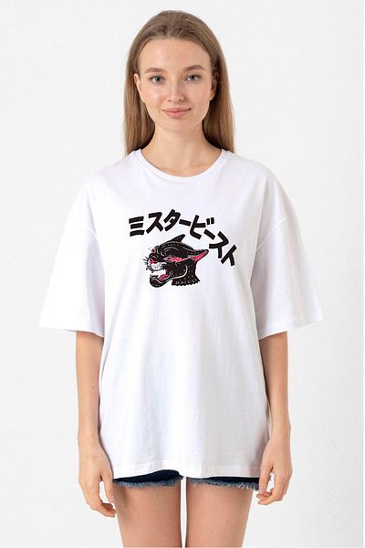 Tshirthane Mr Beast Kanji White Women's Oversize T-Shirt