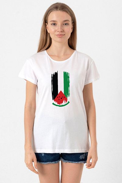 Tshirthane White Women's Bicycle Collar - Watermelon Palestine Flag T-shirt