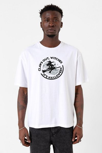 Tshirthane Claws Out Witches Its Halloween Λευκό ανδρικό μπλουζάκι μεγάλου μεγέθους