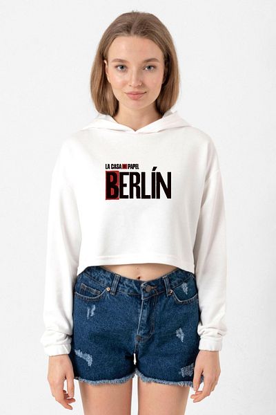 Tshirthane La Casa De Papel Berlin Ecru Women's Crop Hoodie