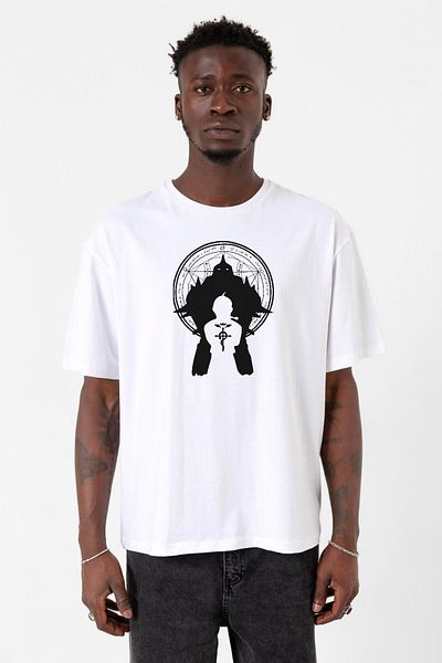 Tshirthane Λογότυπο Fullmetal Alchemist Anime Λευκό ανδρικό μπλουζάκι μεγάλου μεγέθους