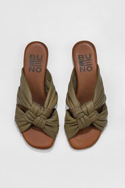 Bueno Shoes Πράσινες Δερμάτινες Γυναικείες Παντόφλες - Flat Design 01wu8800