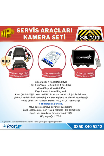 PRO STAR Okul Servis Kamera Seti 4 Kameralı 7" Monitör 4 Kameralı 1 Tb Harddisk Dahil