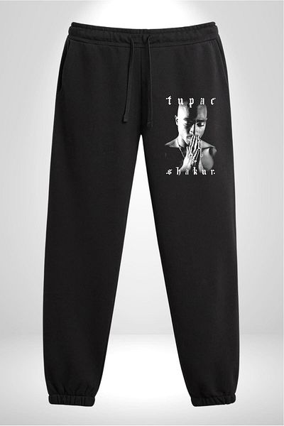 Angemiel Ανδρικό μαύρο παντελόνι Tupac Shakur Singer Printed - 3 Thread