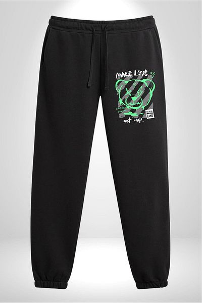 Angemiel Men's Teddy Bear 3 Thread - Combat Printed Black Sweatpants