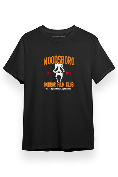 Tshirthane Scream Woodsboro Horror Film Club Μαύρο κοντομάνικο ανδρικό μπλουζάκι