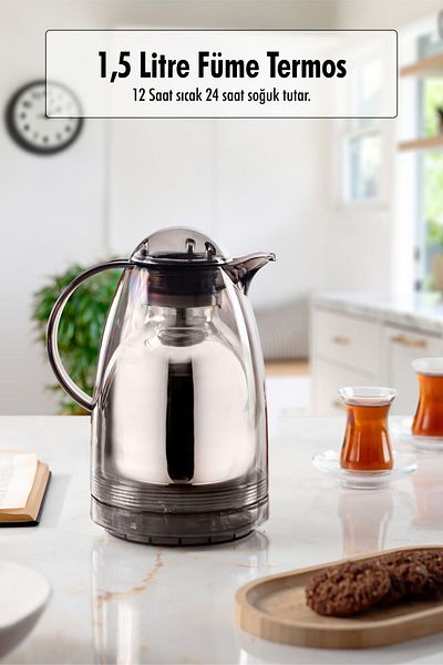 Depa 1.5 LT Smoked Tea and Cold Water Thermos - Thermal Insulated, Keeps 12 Hours Warm and Has Glass Inside