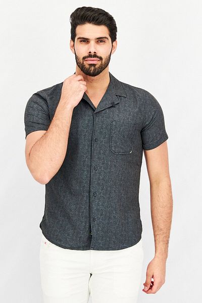 Kenneth Cole Men Regular Fit Chest Pocket Short Sleeve Casual Shirts, Charcoal Grey