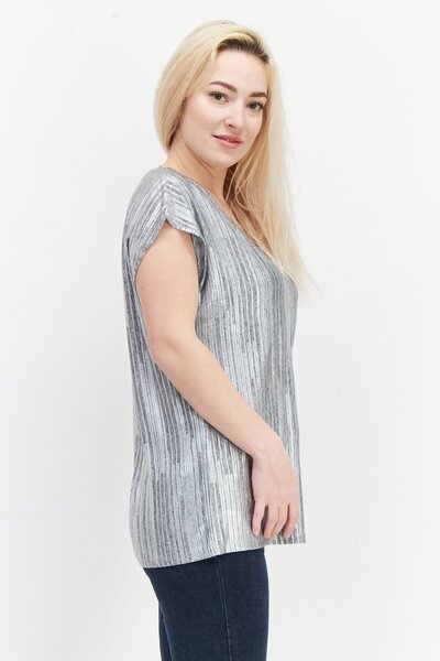 Esprit Women V-Neck Short Sleeve Textured Top, Sliver