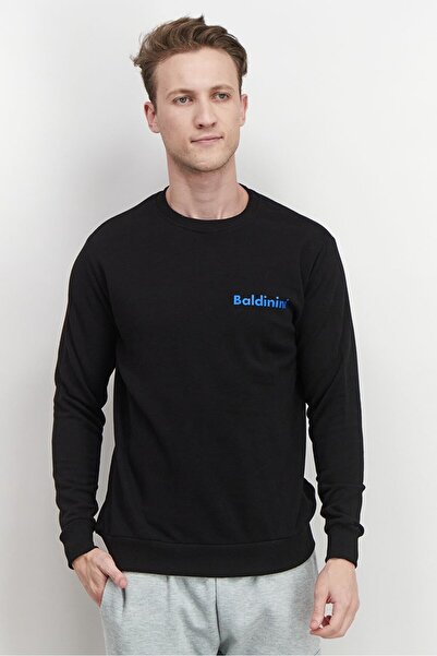 Baldinini Men Crew Neck Brand Logo Long Sleeve Sweatshirt, Black and Blue