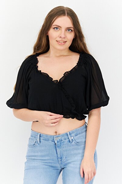 1 State Women V Neck Short Sleeve Solid Top, Black