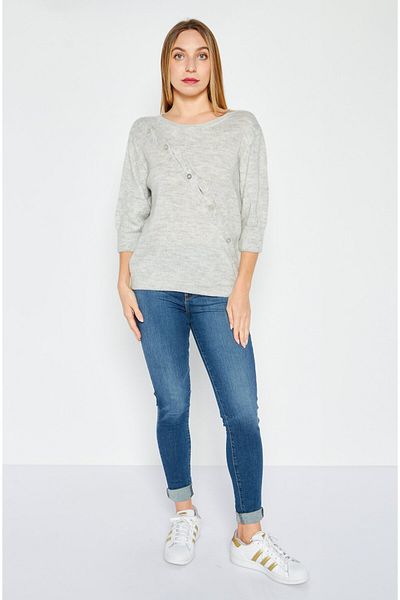 Etam Women Round Neck Elbow Sleeves Knitted Top, Grey