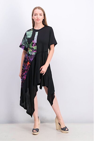 Diesel Women Printed Short Sleeve High And Low Hem Midi Dress, Black