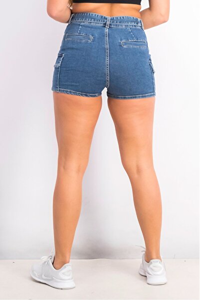 Jennyfer Women Belted Washed Denim Cargo Shorts, Blue