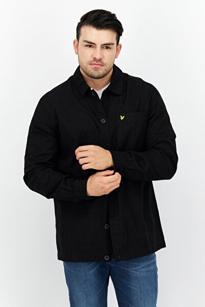 Lyle & Scott قميص رجالي كاجوال مطبوع بأكمام طويلة وياقة مدببة، أسود