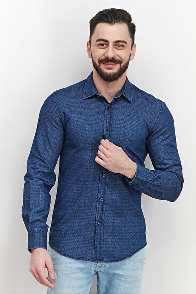 Antony Morato Men Slim Fit Allover Print Long Sleeve Casual Shirt, Blue Denim