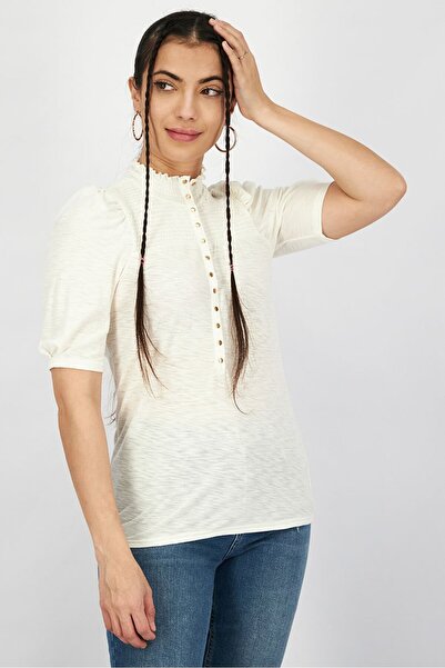 Nation LTD بلوزة نسائية سادة بأكمام قصيرة ورقبة دائرية، لون أبيض فاتح