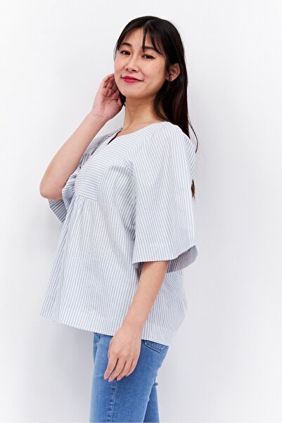 Esprit Women Split Neck Short Sleeve Striped Blouse, Blue