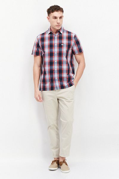 Perry Ellis Men Regular Fit Plaid Short Sleeve Casual Shirt, Blue