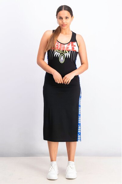 Diesel Women Round Neck Sleeveless Graphic Maxi Dress, Black Combo