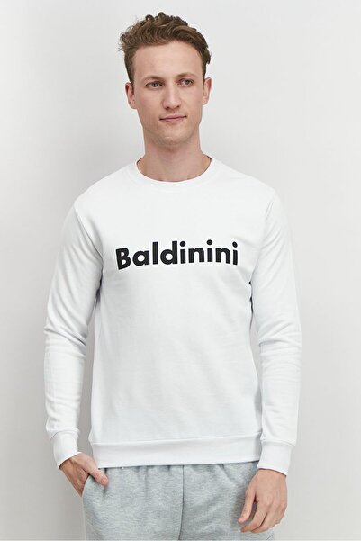 Baldinini سويت شيرت رجالي بأكمام طويلة وياقة دائرية وشعار العلامة التجارية، أبيض