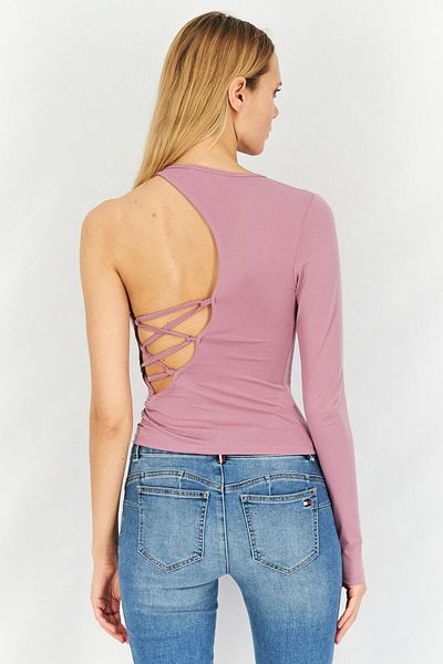 NA-KD Women Round Neck One Shoulder Sleeve Tie Detail Top, Dusty Lavender
