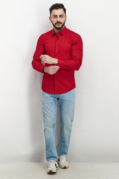 Antony Morato Men Slim Fit Solid Long Sleeves Casual Shirt, Chili Pepper