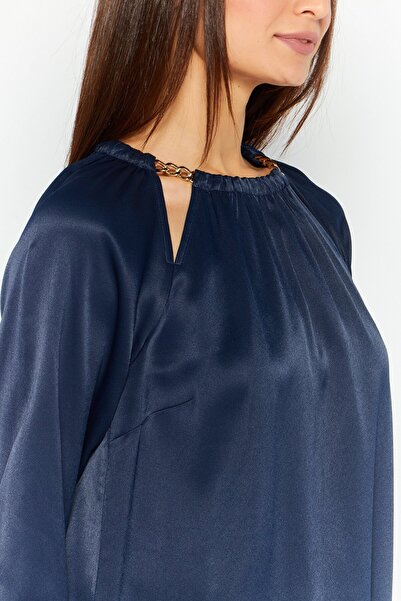 Michael Kors Women Round Neck Long Sleeves Plain Blouse, Navy