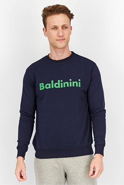 Baldinini سويت شيرت رجالي أزرق بأكمام طويلة - طاقم الرقبة مع شعار الغابة