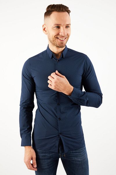 The Kooples قميص رجالي كاجوال بأكمام طويلة وطبعات كاملة بقصّة Slim Fit، أزرق