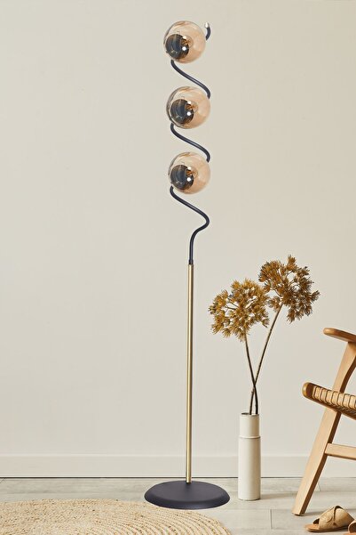 Luzarana Nora Siyah-Sarı Metal Gövde Bal Camlı Tasarım Lüx Yerden Aydınlatma Lambader