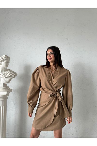 Bade Butik Кафява ленена рокля с вързани връзки