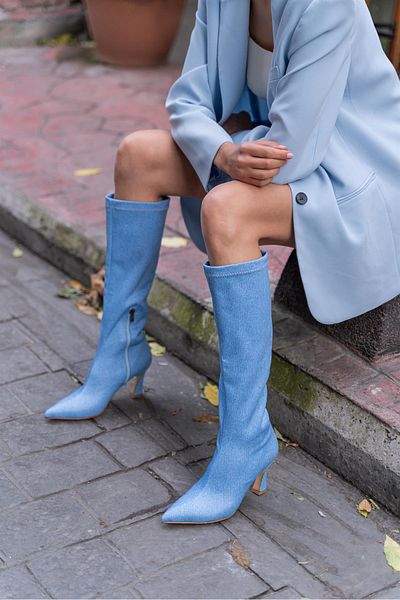 Madamra Blaue Denim-Damen-Overknee-Stiefel mit dünnem Absatz