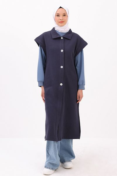 ALLDAY Navy Blue Raised Vest with Stand Collar and Slit Detail