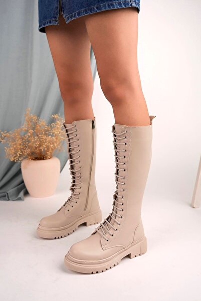 Gimeravm Fermuarlı Bağcıklı Uzun Krem Cilt Kadın Postal Bot