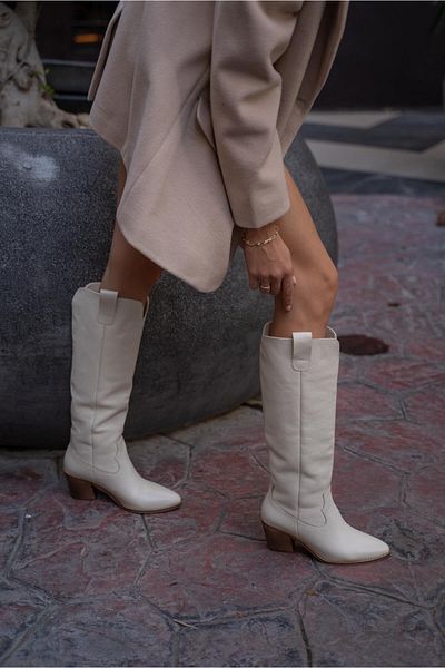 Madamra Beige Women's Real Leather Heeled and Embroidered Cowboy Boots