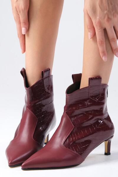 Mio Gusto Coralie Bordo Renk Fermuarlı, İnce Suni Kürk Astarlı Kısa Topuklu Kadın Bot