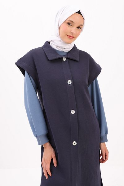 ALLDAY Navy Blue Raised Vest with Stand Collar and Slit Detail