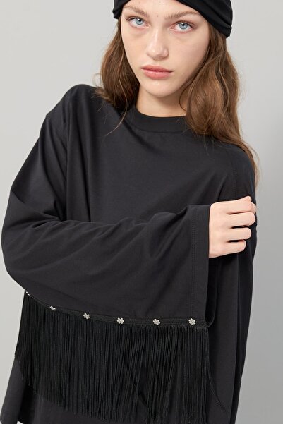 Roman Arkası Floş Püskül Ve Trok Baskılı T-Shirt Siyah K2523827_001