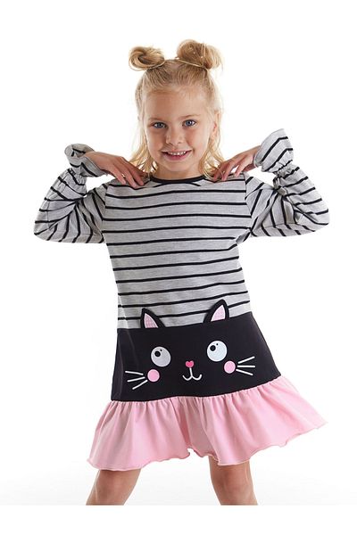Denokids Graues Winterkleid für Mädchen - Schwarze Katze gestreift