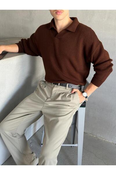 HYMAN Мъжки плетен пуловер с поло яка Oversize