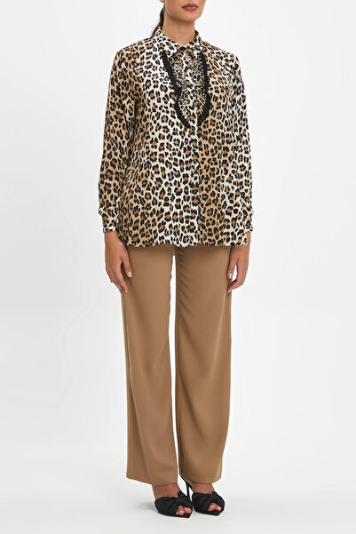 SERPİL Fırfır Detaylı Düğmeli Uzun Kollu Leopar Desen Gömlek 39088