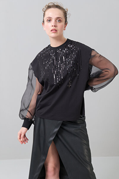 Roman Önü Pullu Kolları Organze Bluz Siyah K2523011_001